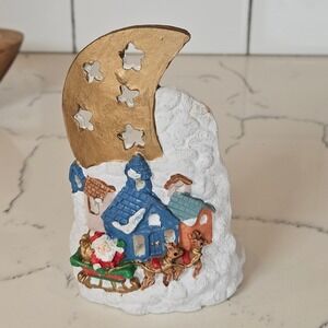 VTG Whimsical Pottery Christmas Tealight Holder Moon Santa Sleigh Reindeer 1997